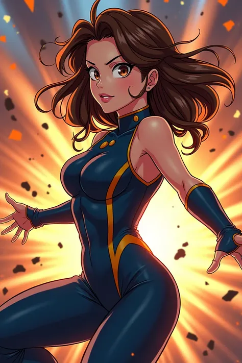 Boku no hero academia comics pannel of a female. She has wavy brown hair, and brown eyes, she is a hero, she is wearing a navy blue hero costume that is only slightly revealing, she has a little bit of muscle, shes kind of hot