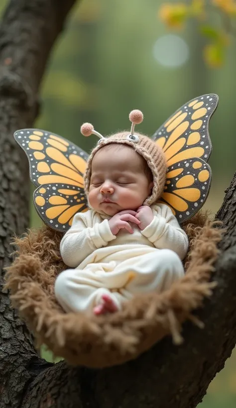 "A closeup shot of a newborn in a butterfly-inspired outfit, resting gently on a tree branch, with colorful wings spread lightly behind, in the style of Anne Geddes." --ar 9:16