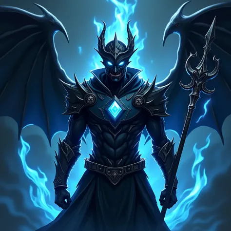  a gaming team logo , Written Lancer in the image ,  lancer in black clothes and a diamond on his chest wearing a helmet with neon blue eyes and a curved black dragon wing, holding a spear with 3 flaming teeth ,  detailed image ,  detailed background , Blu...