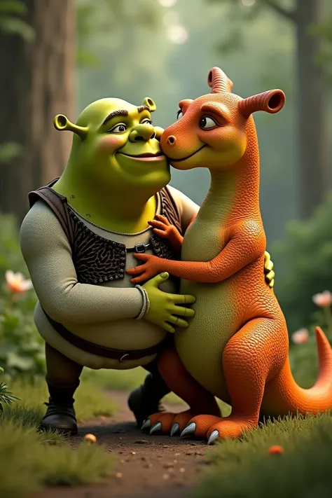 Shrek kissing an orange dinosaur