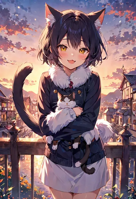 A cat rubbing up against you with its tail raised, refined fur, friendly, cheerful, dusk, happiness