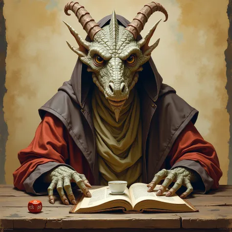 picture on an old yellowed page. Dungeons &  Dragons, a wise old dragon in the medieval robe of a pince-nez wizard with a book over a cup of tea. On the table lies the d20 cube . Oil painting .