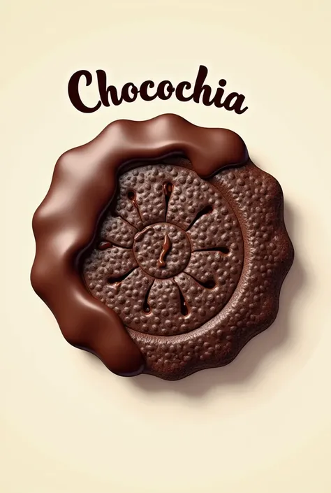 A logo of a chocolate-flavored chia cookie that says chocochia on the top