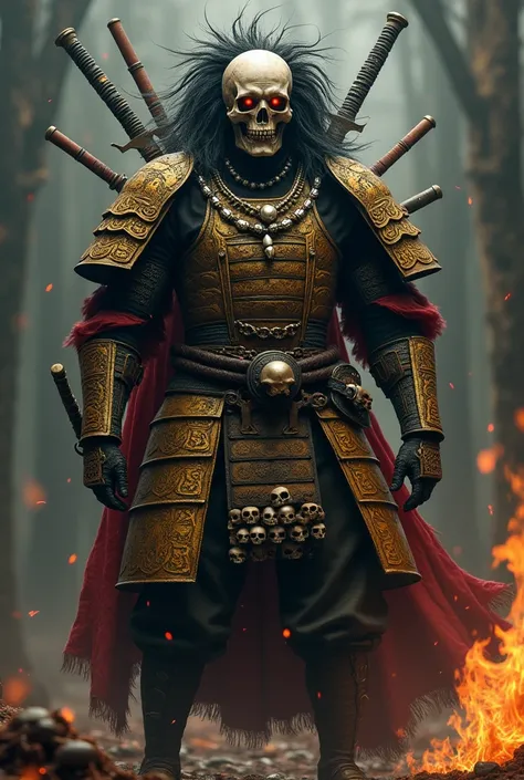 Legendary samurai - big-haired skull in the midst of darkness with sword, skull head necklaces .  With golden armor and blood on it
In a straw hat with red eyes, Fire handler ,  tattooed and with weapons on his back 