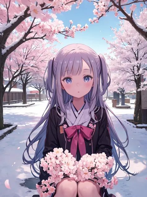 masterpiece,  best quality,  1 girl , Alone, cherry blossoms, I can see , socks,  two side up,  lots of snow 、 upper body