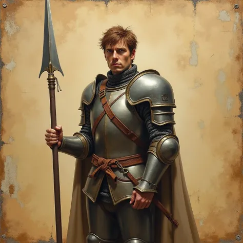 picture on an old yellowed page. (The guard has short brown and reddish hair, heavy simple cheap armor and chain mail and a long spear 10 meters). Oil painting .