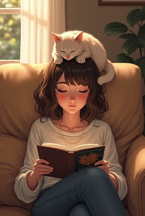 Person lying on sofa reading book with cat on head 
