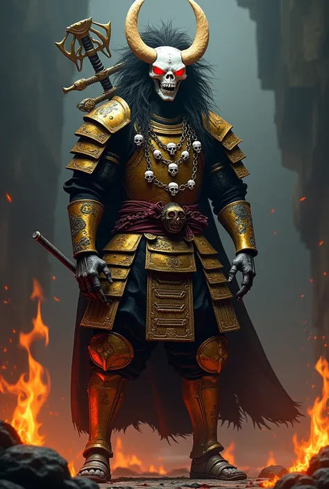 Legendary samurai - big-haired skull in the midst of darkness with sword, skull head necklaces .  With golden armor and blood on it
In a straw hat with red eyes, Fire handler ,  tattooed and with weapons on his back 