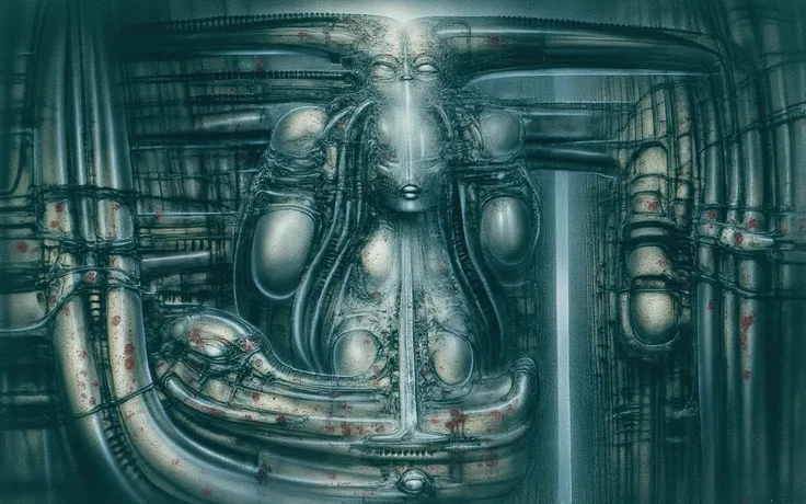 Can you please draw a pencil sketch on antique plot that depicts curse of Solomea in unmaskable Gigers style.The artwork depicts a labyrinthine network of interconnected tubes and pipes, creating a sense of claustrophobia and decay. The intricate details a...