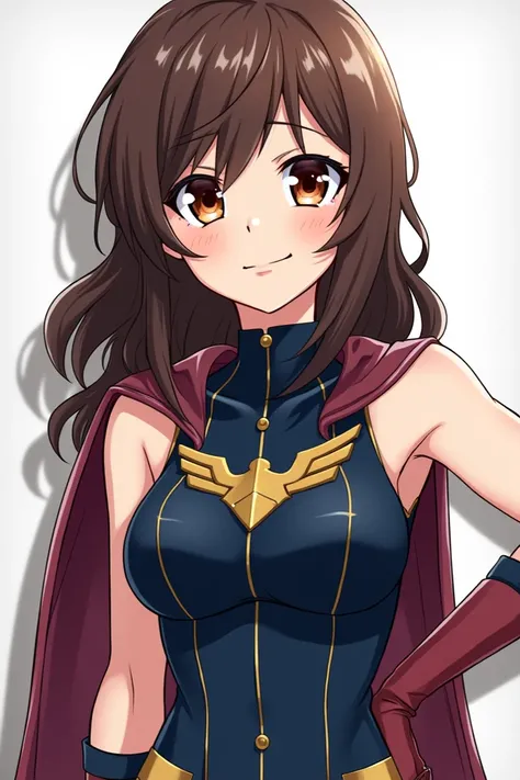 Boku no hero academia manga pannel of a female. She has medium brown hair, and brown eyes, she is a hero, shes wearing a navy blue hero costume thats not really revealing but she still looks hot in it, she has a bit of muscle.
(This image should be in the ...