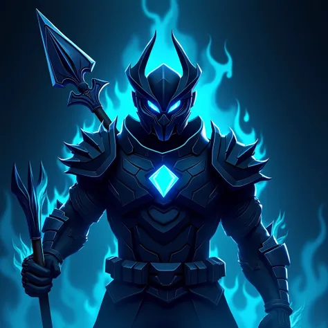  a gaming team logo , Written "Lancer" in the image,  lancer in black clothes and a diamond on his chest wearing a helmet with neon blue eyes and a curved black dragon wing, holding a spear with 3 flaming teeth ,  detailed image ,  detailed background , Bl...