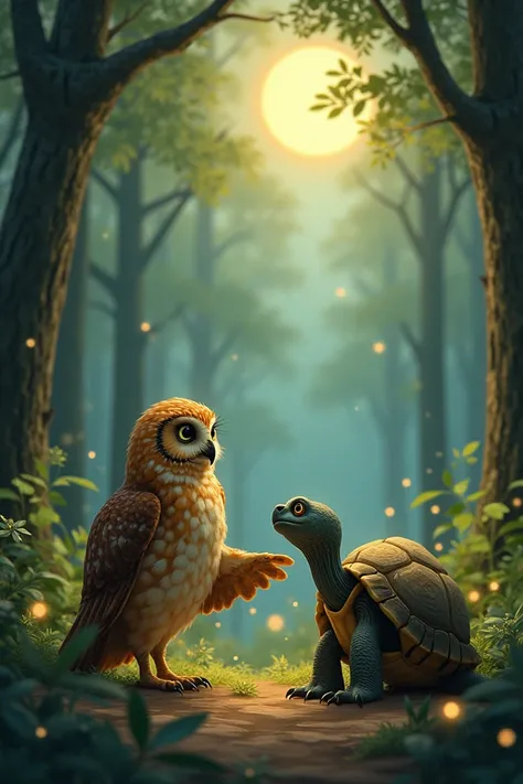 Image of an owl thanking a turtle after a concert in the woods