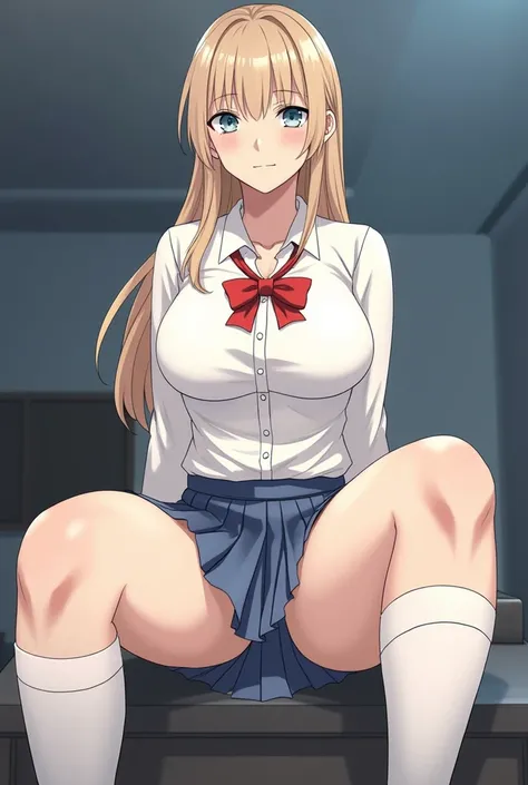 20-year-old adult woman with long blond hair and light blue eyes with big breasts wearing a school uniform white shirt with long sleeve buttons with a red bow Like a tie and a short blue skirt in the background of a lonely room in anime style