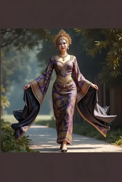 one malay woman wearing a inner hijab Wearing A Fully hijab dressed in a traditional malay songket kebaya in purple and gold and decorated with sparkling bead embroidery on the sleeves and the hem of the kebaya. with a traditional malay gold headdress. wea...