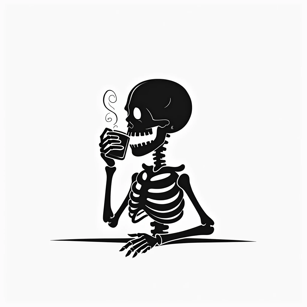 Highly detailed Minimalist simple symbol skeleton drinking coffee logo silhouette, paint drawing style, disney style, sharp focus, vector, black and white,

