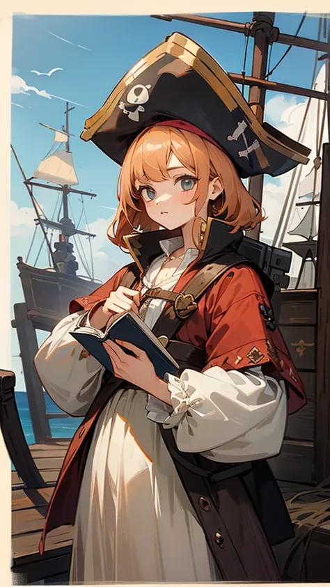 girl, cute appearance, 17th century clothing ,  pirate clothes ,  on the deck of a pirate ship, holding a book in his hands 