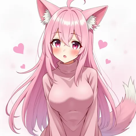  adult woman 21 years, wolf ears and tail color pink ,  long pastel pink hair ,  pink eyes skin, Kawaii pink clothing , cute,  pink on cheeks , dynamic pose,  anime high definition digital art Oleo, Big breasts,  looking at the spectator, coqueteando 