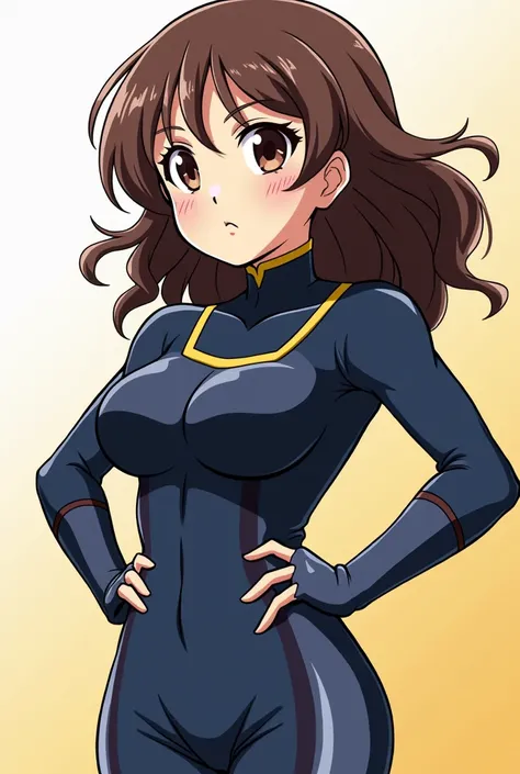 Boku no hero academia manga pannel of a female. She has medium brown hair, and brown eyes, she is a hero, shes wearing a navy blue hero costume thats not really revealing but she still looks hot in it, she has a bit of muscle.
(This image should be in the ...