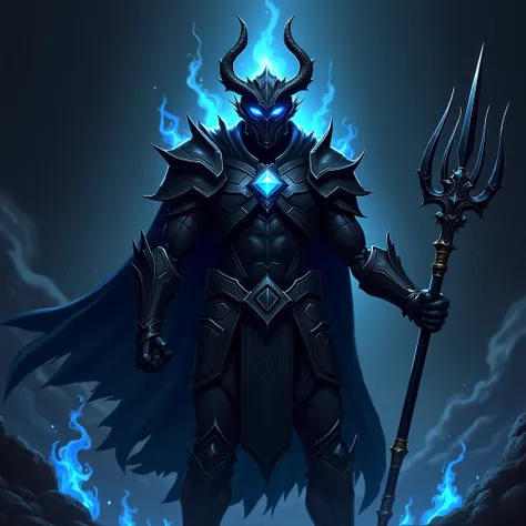  a gaming team logo , written Lancer in the detailed image ,  dark lancer with black clothes and a diamond on his chest wearing a helmet with neon blue eyes and a curved black dragon wing,  holding a spear with 3 flaming teeth detailed ,  detailed image , ...