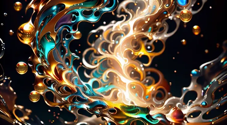 Abstract multi-colored artwork in motion.Art by Alberto Severo. A close-up of jets and streams of molten precious metals colliding with each other and forming , immense quantities of multi-colored drops and golden metallic jets, silver, copper mercury, tha...