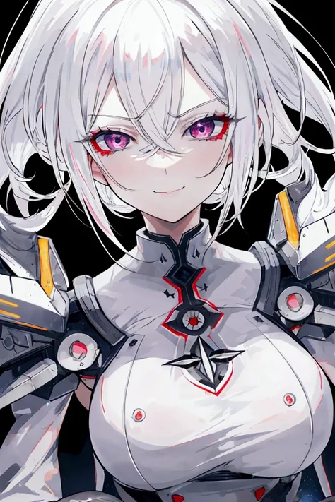  adult woman with shiny white hair,  confident smile, irritated eyes, electricity around , devastated environment,  Torn clothes,  anime style 
