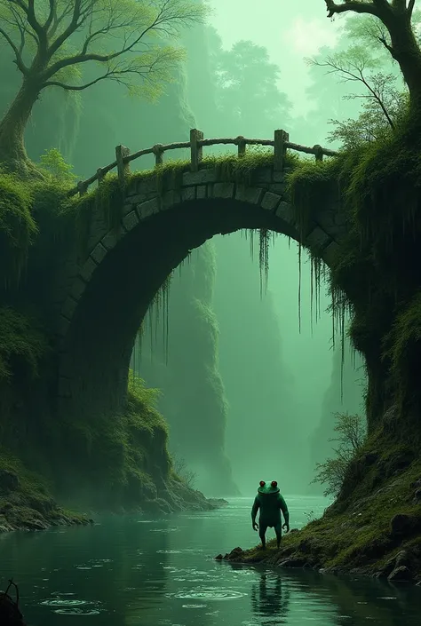 An old bridge with moss and in the water with green silt and near the bridge there is a humanoid frog with a menacing look.