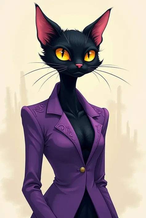 black cat in purple terno jacket, illustrative style in three-quarter pose