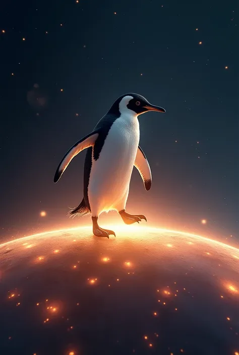 Create an image of a penguin walking on a star