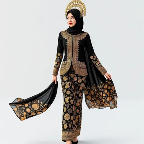 one malay woman wearing a inner hijab Wearing A Fully hijab dressed in a traditional malay songket kebaya in black and gold and decorated with sparkling bead embroidery on the sleeves and the hem of the kebaya. with a traditional malay gold headdress. wear...