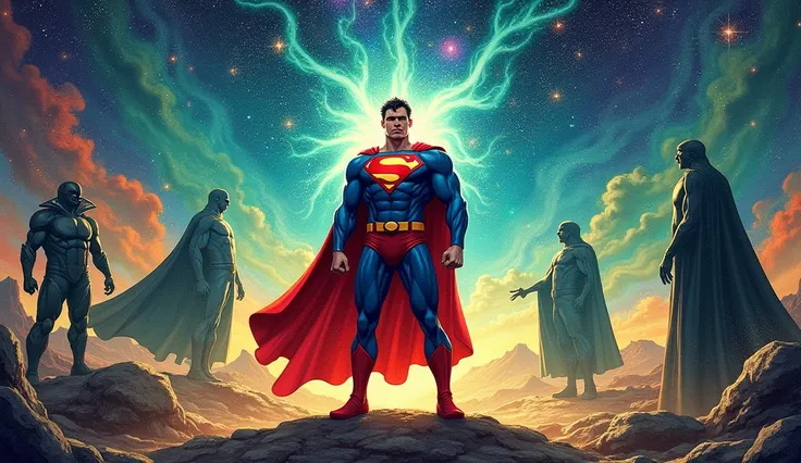 Create a vibrant mural featuring a heroic figure in a blue and red costume, reminiscent of a classic superhero, standing confidently amidst swirling galaxies. Surround him with silhouettes of various heroes, ethereal beings, and mystical creatures. Incorpo...