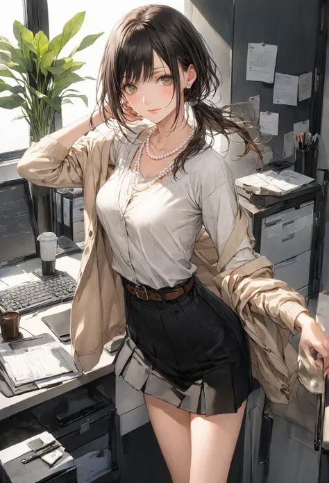 A warm and approachable Japanese woman in her early 30s, standing in a modern office setting. She has silky black hair styled into a neat low ponytail, with a few soft strands framing her kind face. Her warm chestnut-brown eyes radiate gentleness and under...