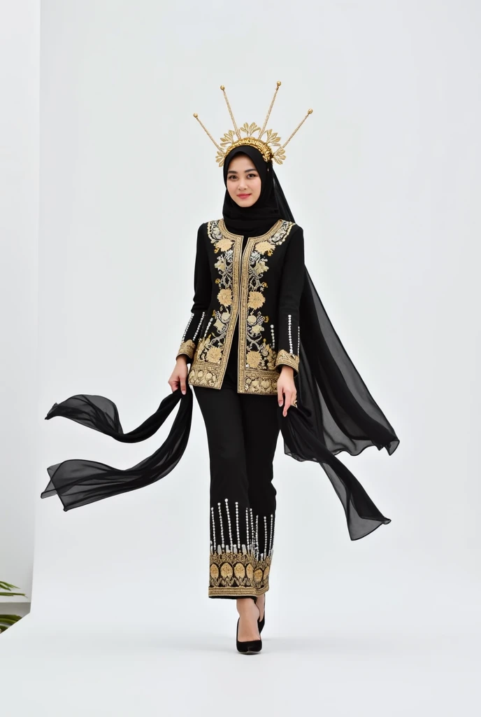 one malay woman wearing a inner hijab Wearing A Fully hijab dressed in a traditional malay songket kebaya in black and gold and decorated with sparkling bead embroidery on the sleeves and the hem of the kebaya. with a traditional malay gold headdress. wear...