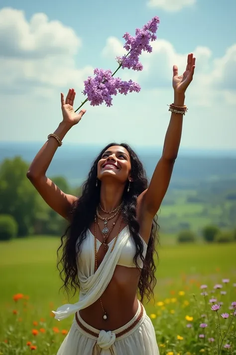 Half-naked Indian woman celebrating sending lilac flowers to the sky 
Photo 