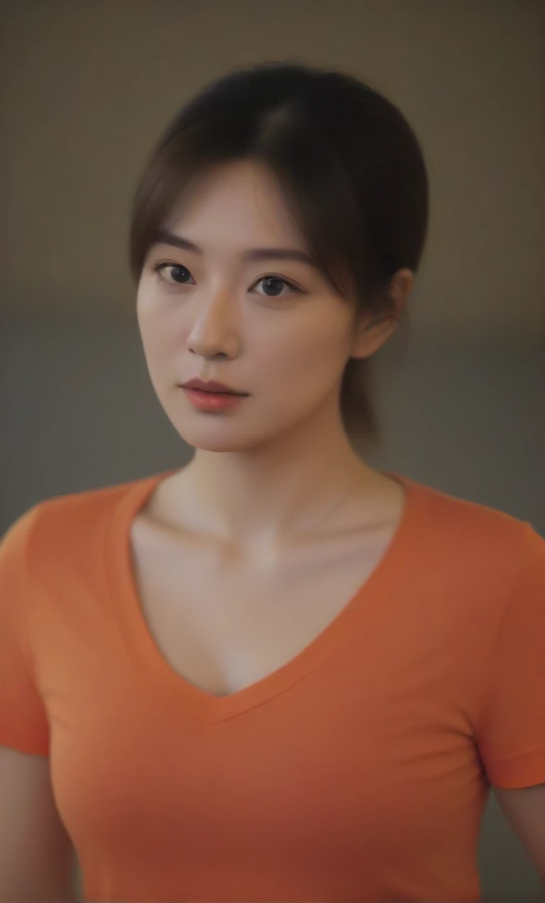 extreme close-up of beautiful beautiful korean female, 34 inch breasts size, wearing  orange pattern v-neck t-shirt, dynamic pose, parrott on her shoulder, bokeh background, cinematic scene, UHD 