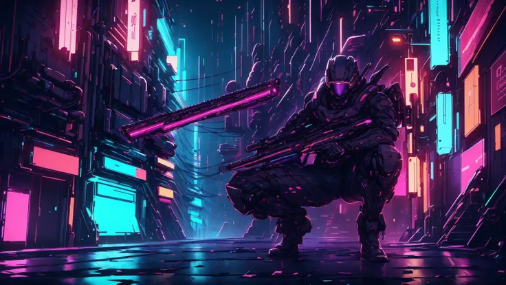  is a 17-year-old man holding a strict 1-meter-long gun made of reddish-purple brown roasted sweet potatoes、Futuristic Soldier Outfit 、Cyberpunk clothing、Futuristic goggles that glow blue、An electronic device attached to his body 、 Intense Action Scenes 、 ...