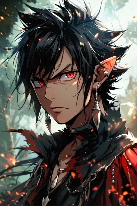 man, Fairy Tail,  black hair , red eyes, serious look, earrings in the ears,  long hair , high