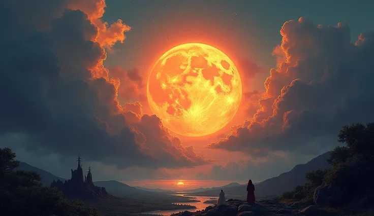 Detailed of the sun with the moon in the background, Unrealistic and dreamy scenery, (Highest quality,4K,8k,High resolution,masterpiece:1.2),Very detailed,(Realistic,photoRealistic,photo-Realistic:1.37),Dramatic lighting,Dramatic contrast,Vibrant colors,Dr...