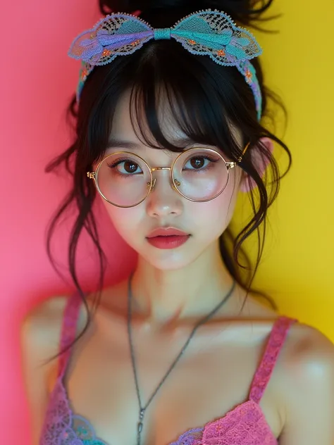 Photorealistic, masterpiece, Best Quality, Super detailed, messy hair, shape, A Japanese girl, multicolored lace bra, big breasts at the temple, skeleton sun visor,  fashion model, simple cyan pink yellow background, 
more beautiful and delicate eyes than ...