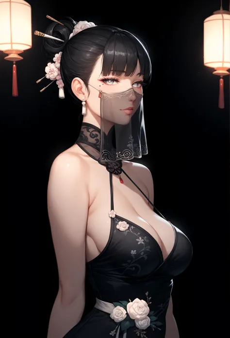 mixed_artwork style, (detailed eyes), (Mature woman), beautiful woman, medium breasts, (black hair), tied hair in the back, Side bangs, (black white oriental dress), (Face veil), silver eyes, mole under eye, huge body