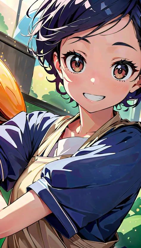  1 Girl 、8k、 sharp focus 、(Bokeh) ( best quality) ( detailed skin:1.3) ( Intricate Details) (anime)、 cute girl、 cooking delicious meals in the kitchen 、 based on blue and orange、Dark blue hair、 bob cut from the front、round brown eyes 、From the side、apron、 ...