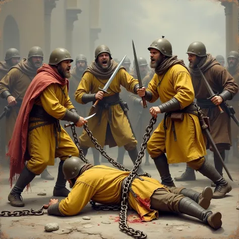  Bandits in dirty old different medieval clothes (yellow and brown colors )  with different weapons dynamic pose , screaming faces , some wounds ,  bloody wounds on the body , lie down,  some stand ,  some in the jump , are attacking, with a sword ,  with ...