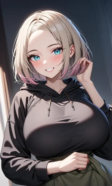 masterpiece, best quality, high quality, detailed, ultra detailed, hyper detailed, exquisite, insanely detailed, beautiful, FHD, Full-HD, 4K, 8k, 16k, highres, absurdres, ((1 woman:1.4, female)), ((big breast)), (thin khaki hair:1.4), (pastel hair), red ha...