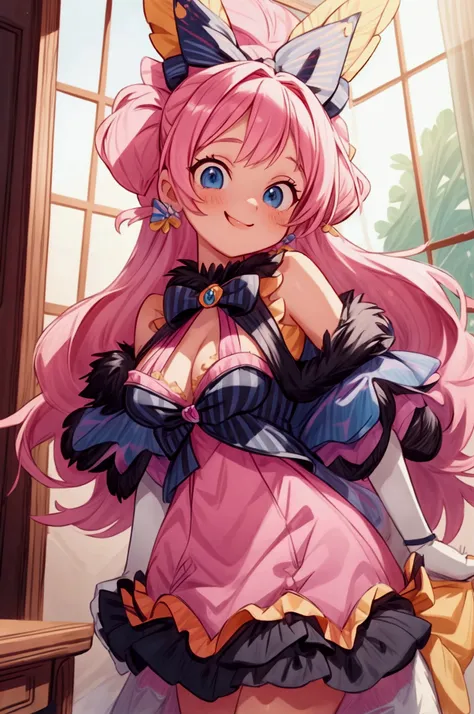 "Masterpiece, best quality, 1 girl, pink hair, blue eyes, big bow, elbow gloves, black crop top, fur stole, choker, standing indoors with intricate details and sunlight. black orange and yellow frilled dress striped with short neckline, Sweet smile, sexy p...