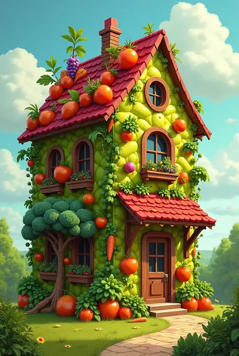 Form of drawing a house made of fruits and vegetables 