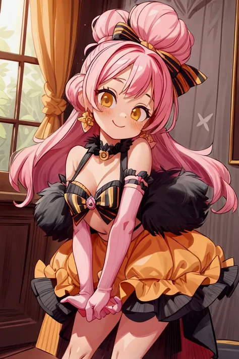 "Masterpiece, best quality, 1 girl, pink hair, big bow, elbow gloves, black crop top, fur stole, choker, standing indoors with intricate details and sunlight. black orange and yellow frilled dress striped with short neckline, Sweet smile, sexy pose, coquet...