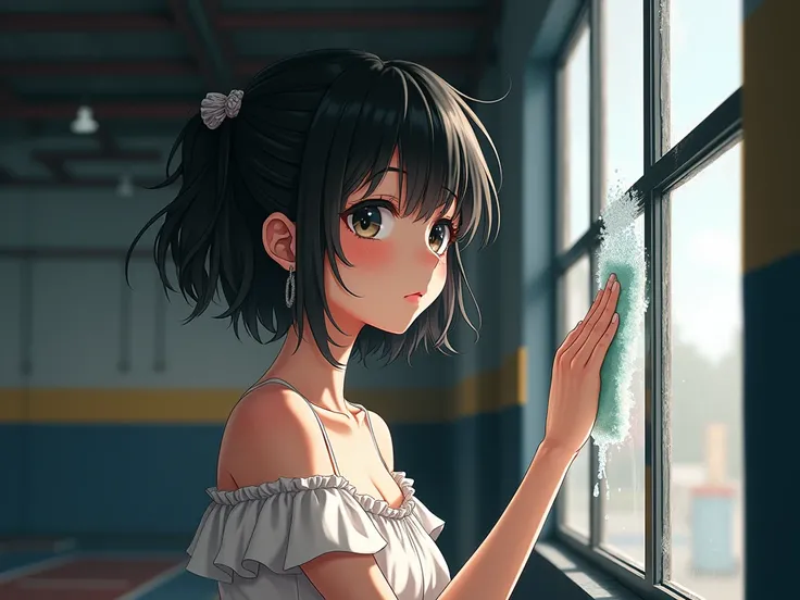 anime,  Beautiful woman,  messy black short hair,  shiny black eyes ,  flushed cheeks , curious look, cleaning clothes ,  cleaning a window with a cleaner ,  wrestling gym background .