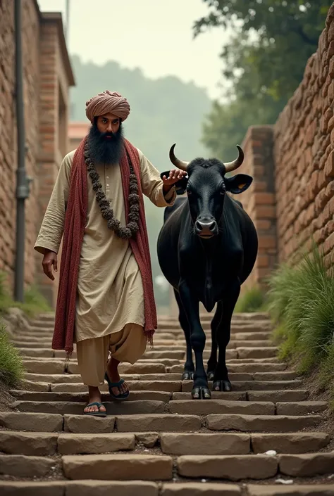 A Pathan, dressed in a turban, shalwar kameez, and a black haired cow, is being led up the 30 steps of the stairs.