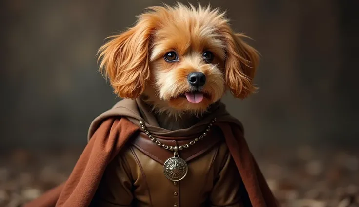 A short-haired, caramel-colored mixed-breed dog wearing Tyrion Lannisters clothes from The Game of Thrones series