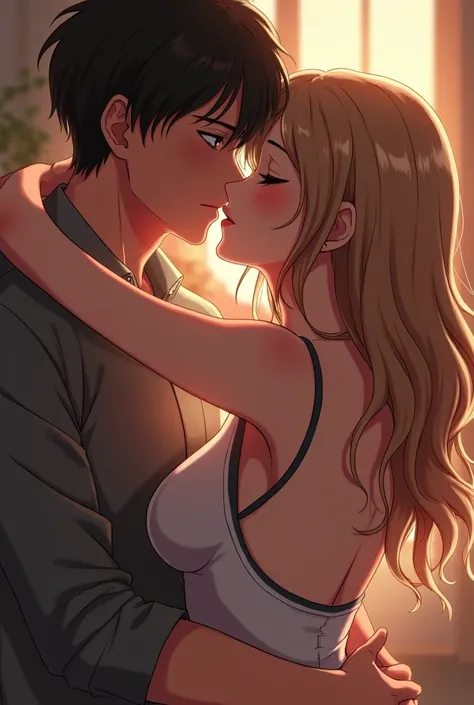 Beautiful young woman with a perfect face with a curvaceous body with wavy light brown hair kissing and caressing herself very sensually with her boyfriend Tobio from realistic haikyu with clothes