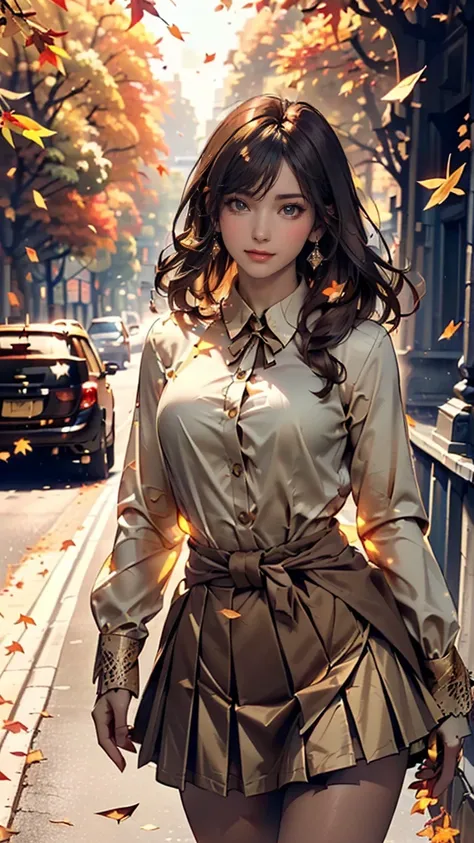 woman, kind。((shy smile:1.5)),  elegant , ( best quality), (masterpiece), ( Very detailed), (4K)((white long sleeve button up blouse_brown pleated mini skirt;1.5))((Super long brown hair reaching to her waist:1.4)), ((autumn, Golden Leaf, A road where fall...